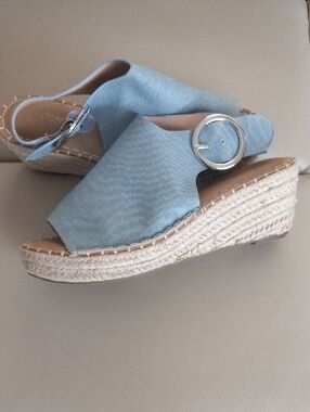 Light Blue Denim Wedge Espadrille Sandals with Silver Buckle Size 7.5